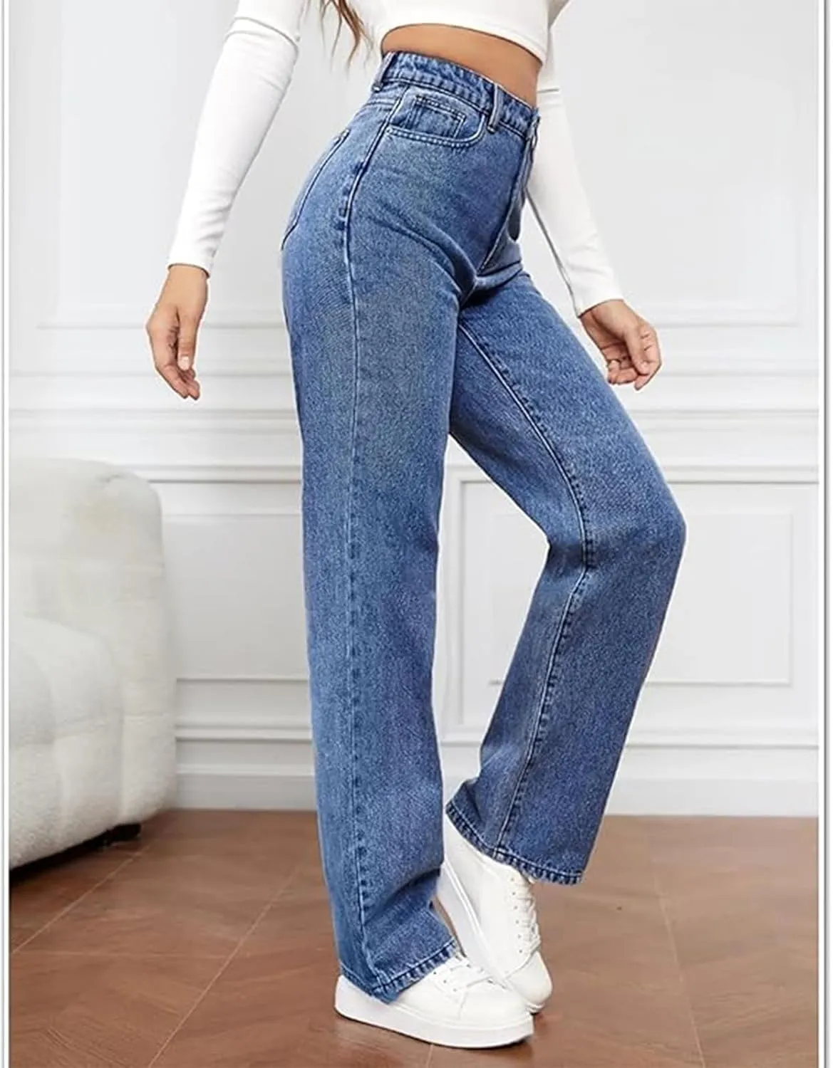 Katchme Jeans, KatchMe Women's Minimalist High Waist Denim Stretch Wide Leg Jeans