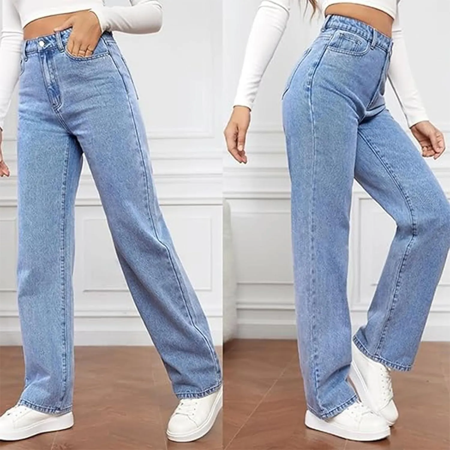 Katchme Jeans, KatchMe Women's Minimalist High Waist Denim Stretch Wide Leg Jeans