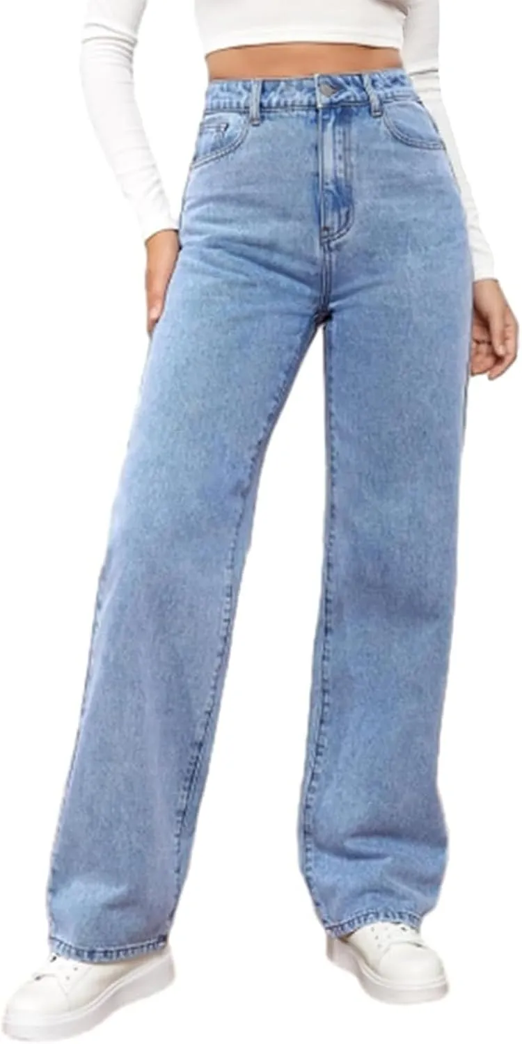 Katchme Jeans, KatchMe Women's Minimalist High Waist Denim Stretch Wide Leg Jeans