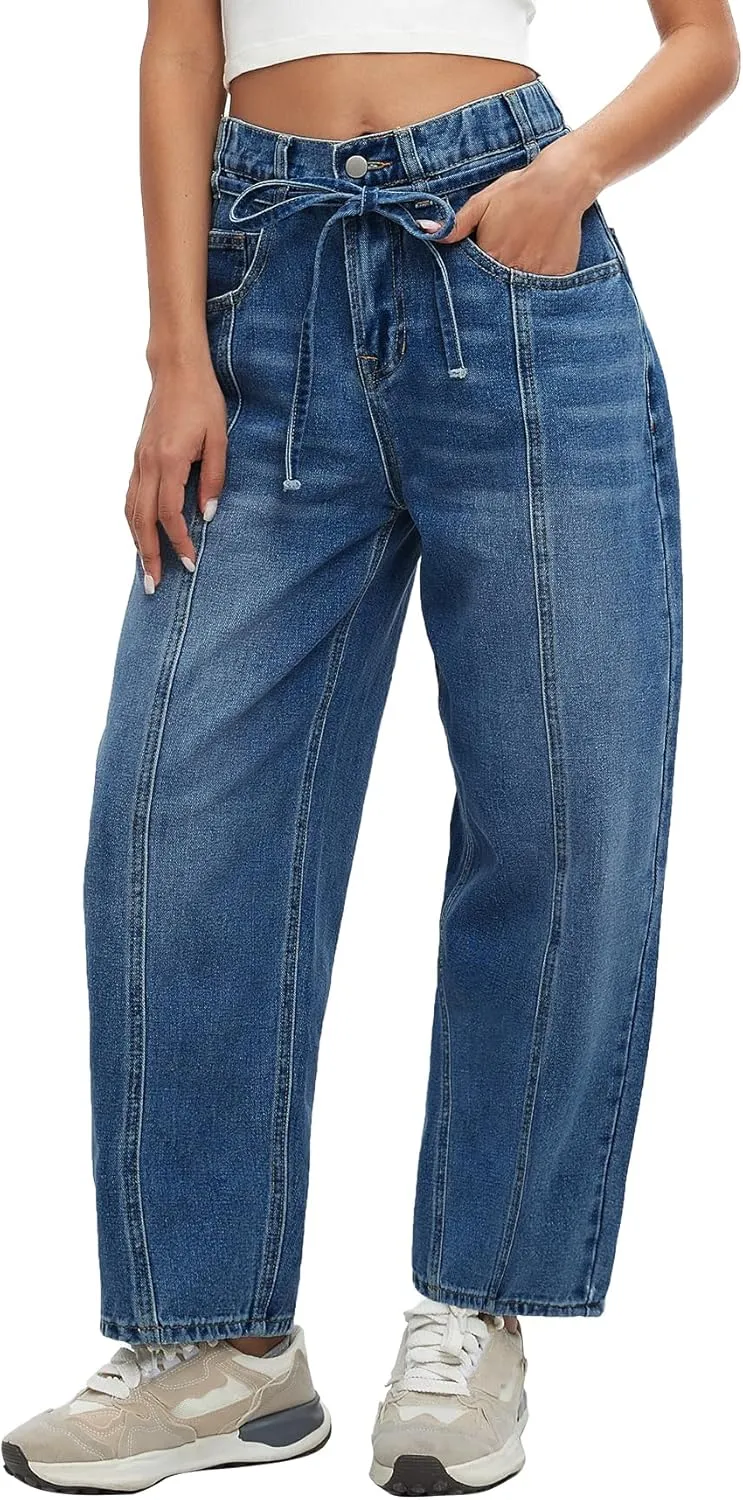 Kedera Women's Baggy Barrel Jeans Boyfriend Wide Leg Cropped Denim Pants Mid Rise Y2K Jeans Ankle Pants Trouser 2024