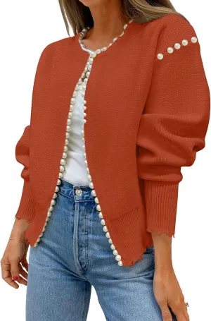 Kedera Women's Open Front Pearls Trim Cardigan Sweater Casual Knitted Long Sleeve Valentine's Day Outerwear Coat