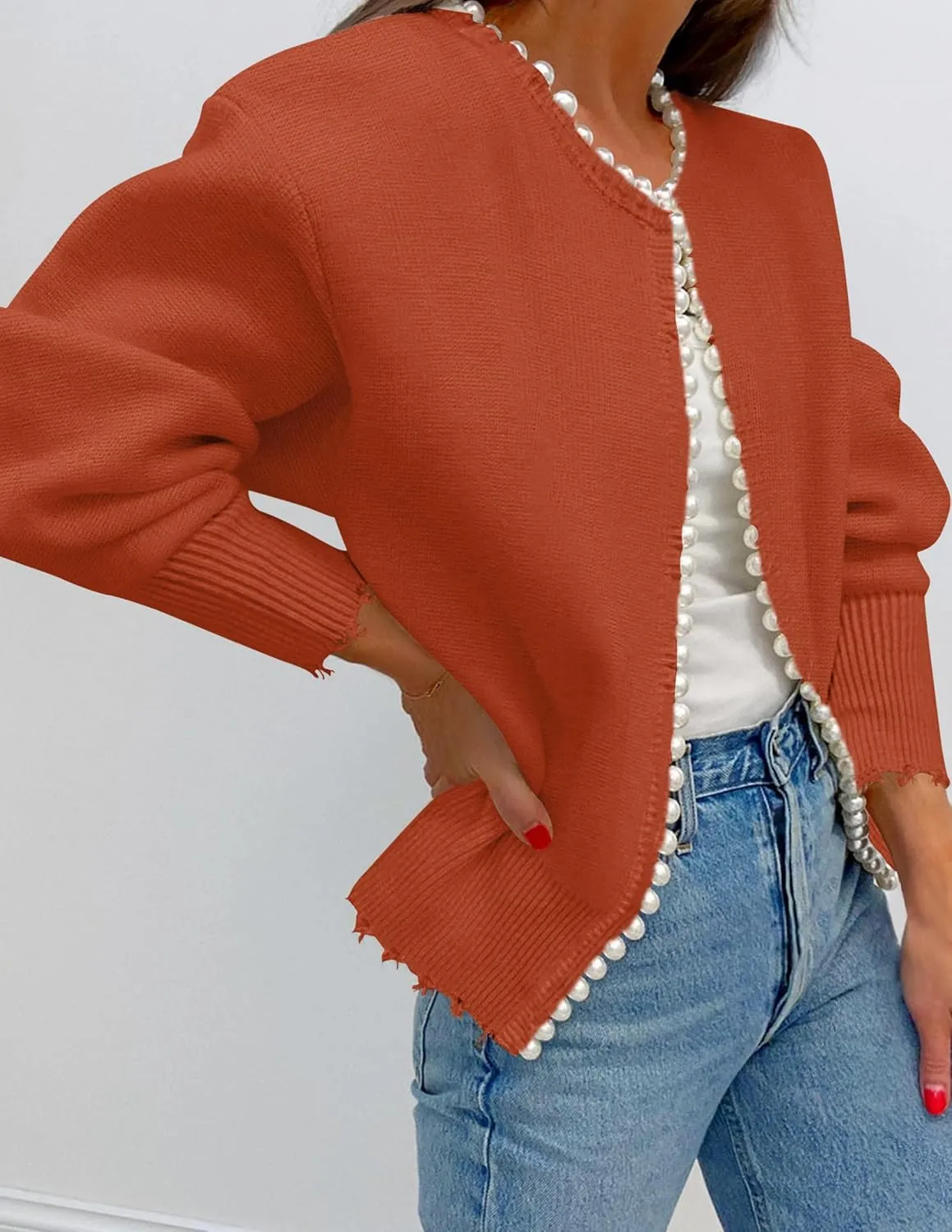 Kedera Women's Open Front Pearls Trim Cardigan Sweater Casual Knitted Long Sleeve Valentine's Day Outerwear Coat