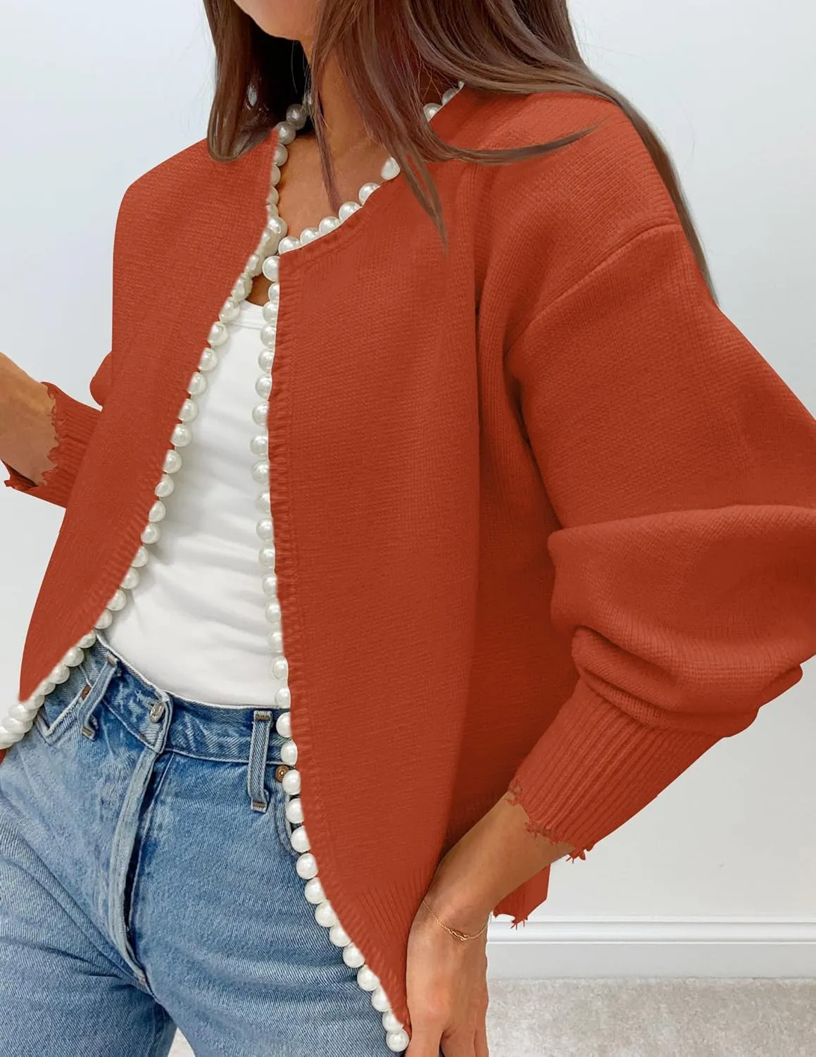 Kedera Women's Open Front Pearls Trim Cardigan Sweater Casual Knitted Long Sleeve Valentine's Day Outerwear Coat