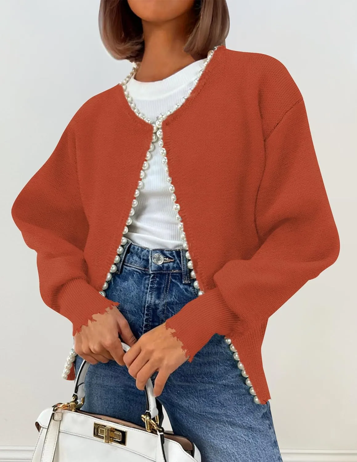 Kedera Women's Open Front Pearls Trim Cardigan Sweater Casual Knitted Long Sleeve Valentine's Day Outerwear Coat