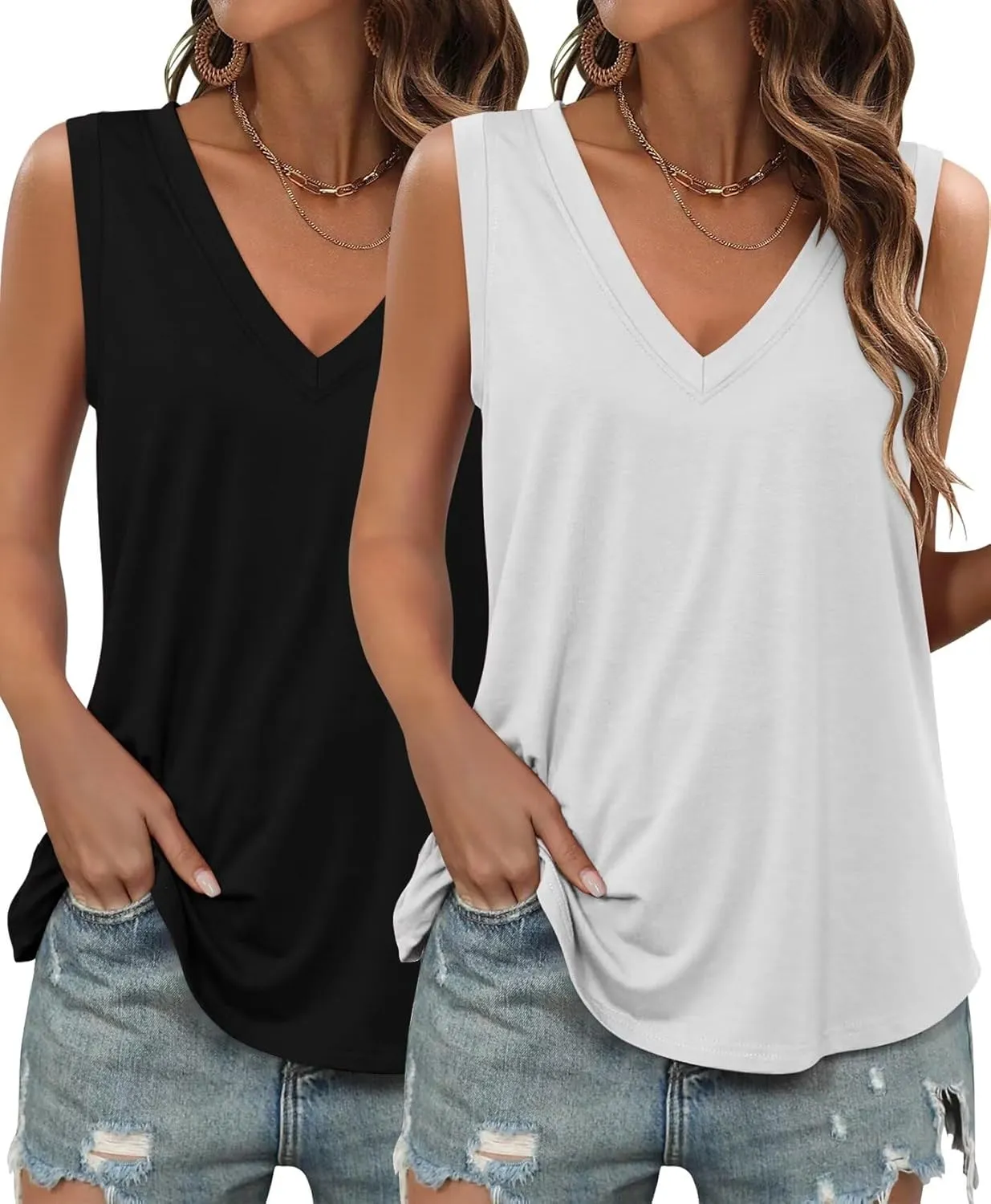 KKJ 2 Pack Womens Tank Tops 2025 Summer V Neck Sleeveless Loose Fit Casual Beach Vacation Outfits Shirt Trendy Cruise Clothes