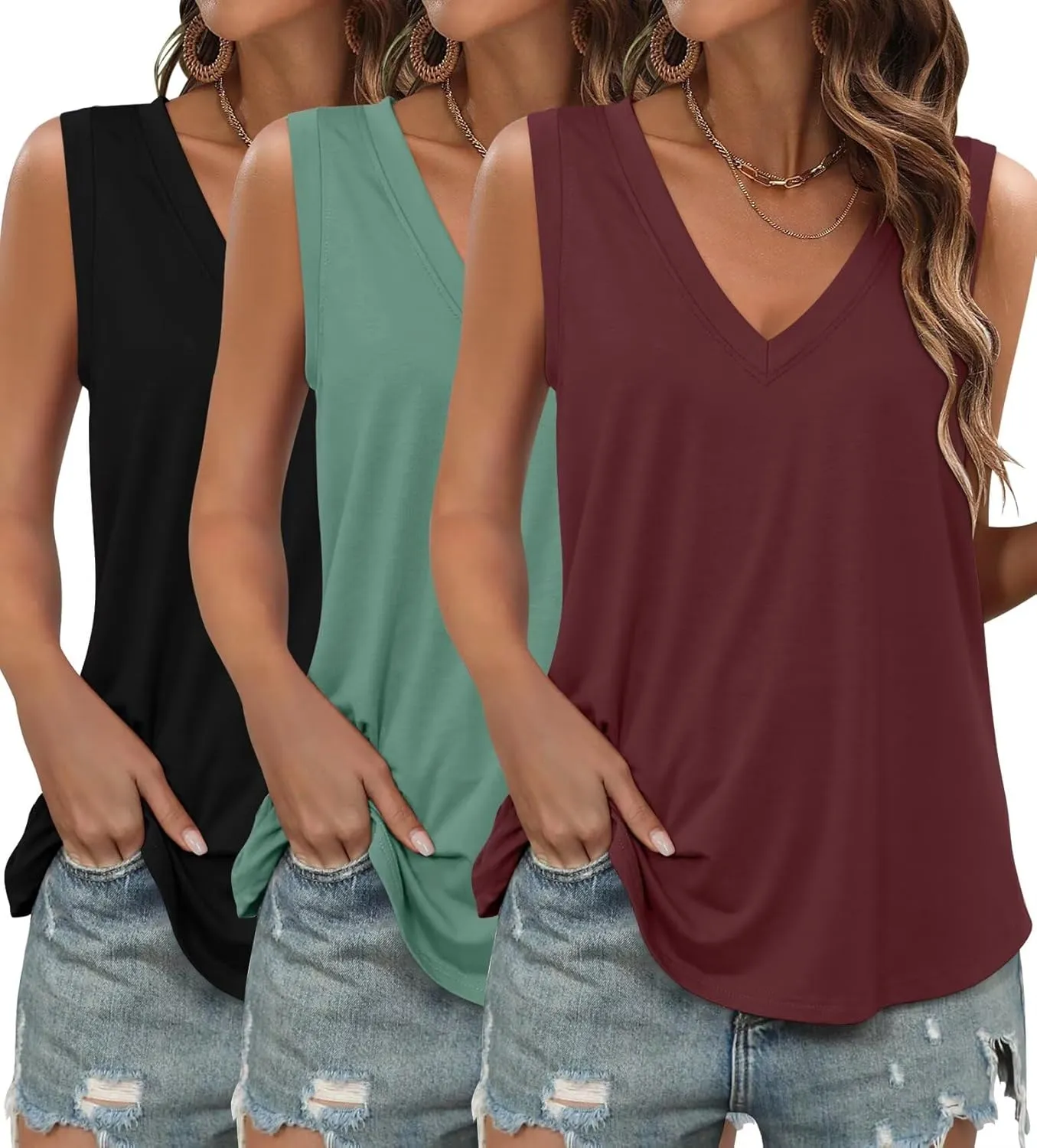 KKJ 3 Pack Womens Tank Tops 2025 Summer Beach Vacation Outfits V Neck Loosefit Sleeveless Casual Cruise Shirt Fashion Clothes