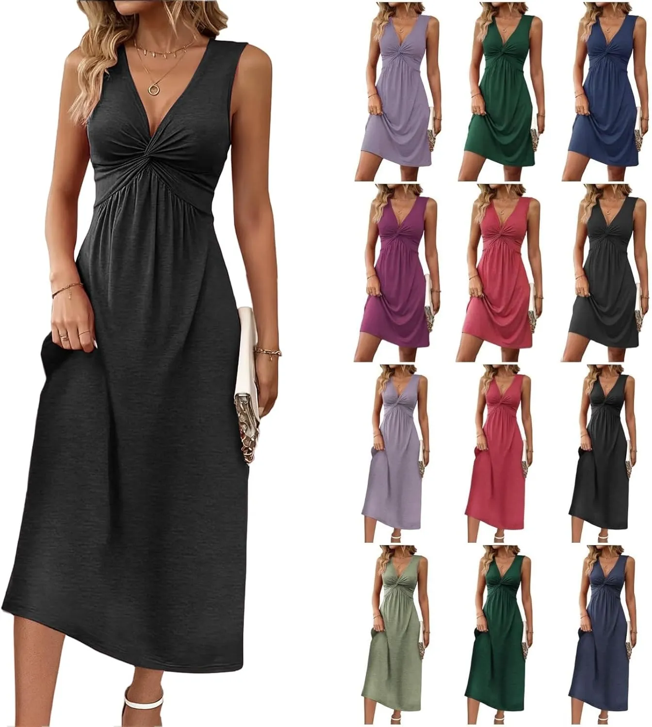 Kubbon Summer Dresses for Women Twist Front V Neck Ruffle Sleeveless Dress Solid Casual A Line Dress Vacation Outfits