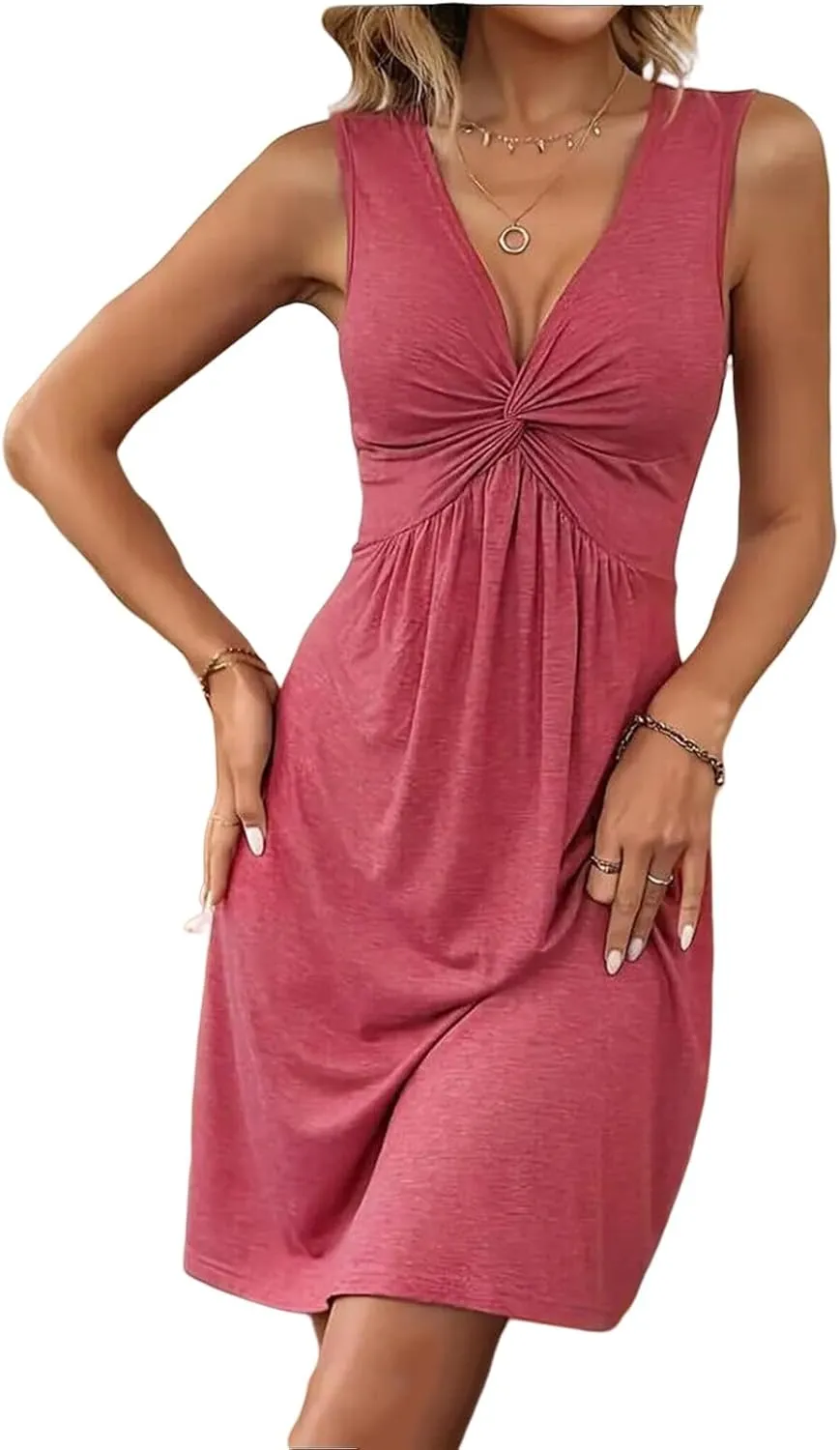 Kubbon Summer Dresses for Women Twist Front V Neck Ruffle Sleeveless Dress Solid Casual A Line Dress Vacation Outfits