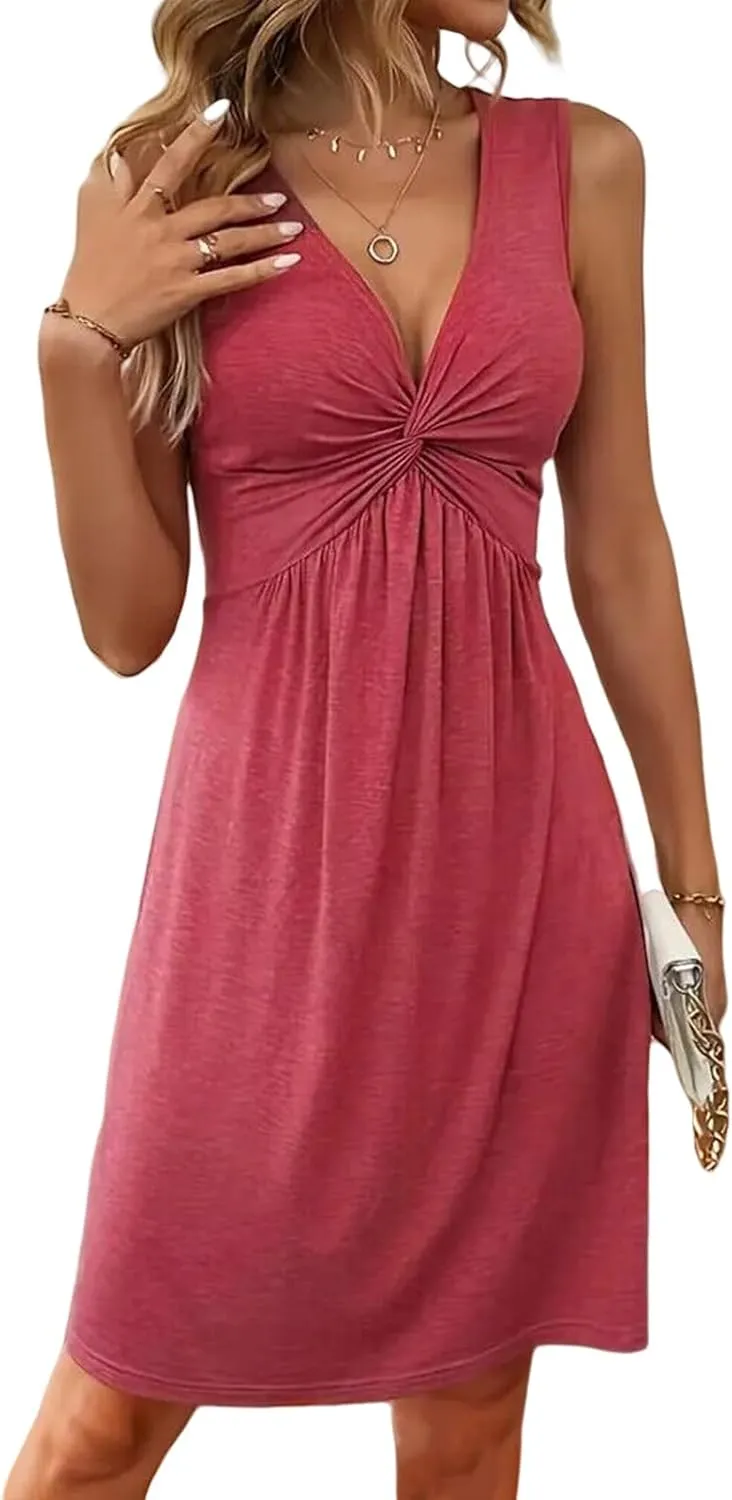 Kubbon Summer Dresses for Women Twist Front V Neck Ruffle Sleeveless Dress Solid Casual A Line Dress Vacation Outfits
