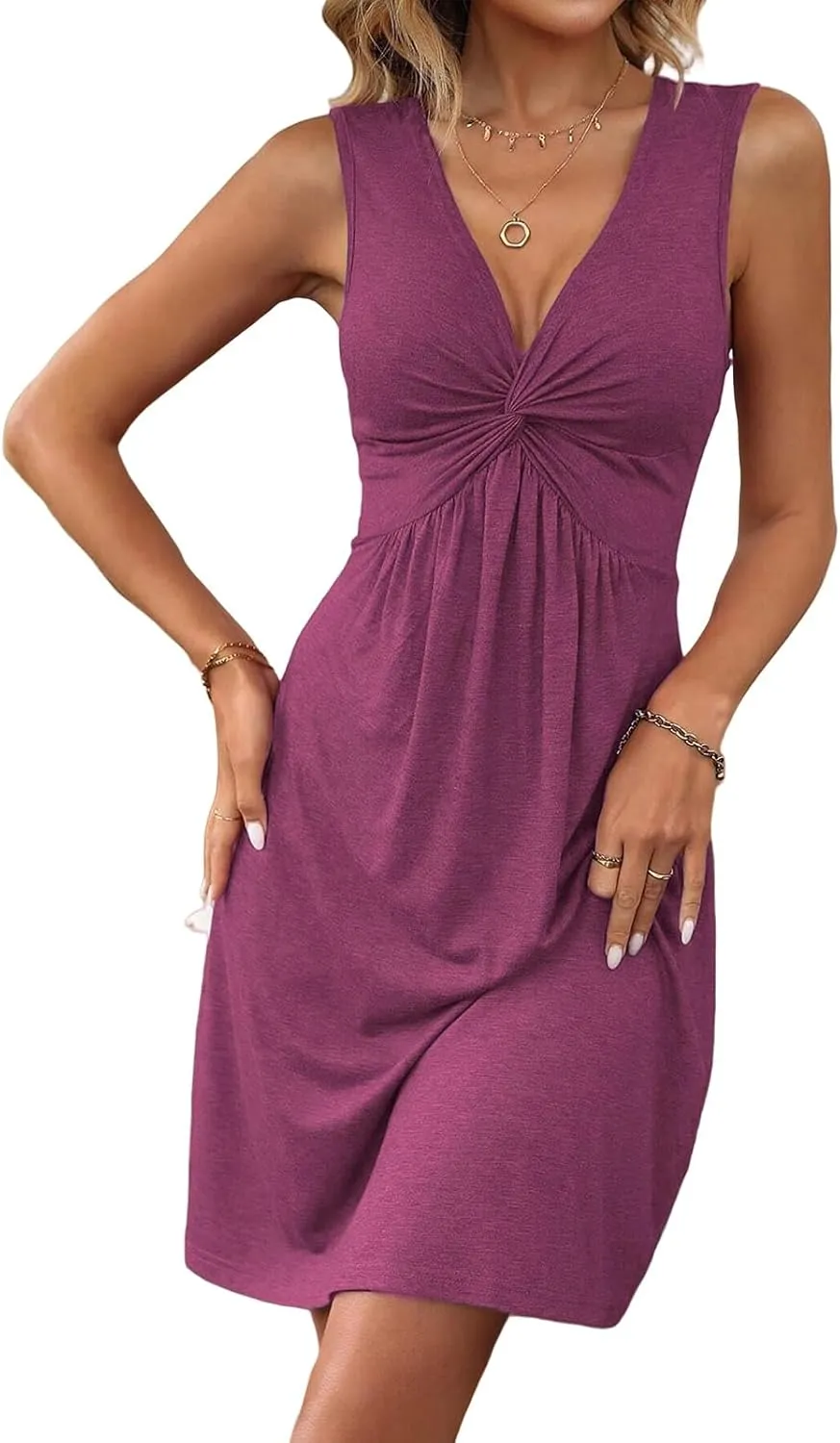 Kubbon Summer Dresses for Women Twist Front V Neck Ruffle Sleeveless Dress Solid Casual A Line Dress Vacation Outfits