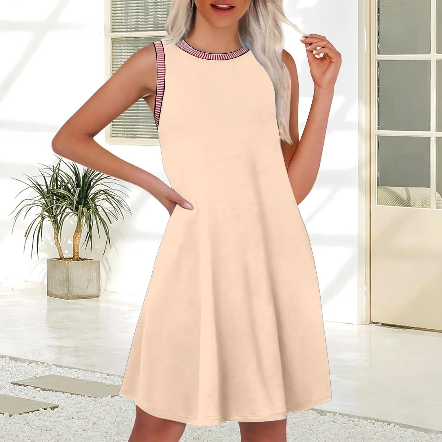 Kubbon Sundresses for Women Sleeveless Round Neck Tank Dresses Casual Loose Summer Mini Dress Flowy Travel Beach Dresses