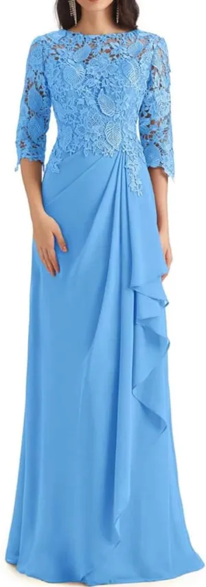 Lace Appliques Mother of The Bride Dresses for Wedding Ruffles Long Chiffon Formal Evening Gowns with Sleeves