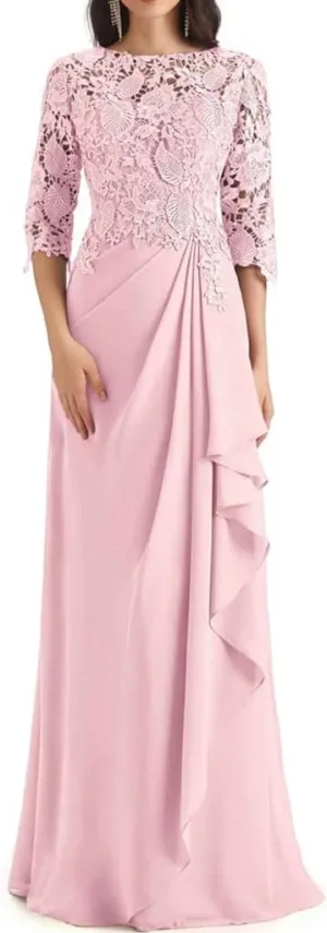 Lace Appliques Mother of The Bride Dresses for Wedding Ruffles Long Chiffon Formal Evening Gowns with Sleeves