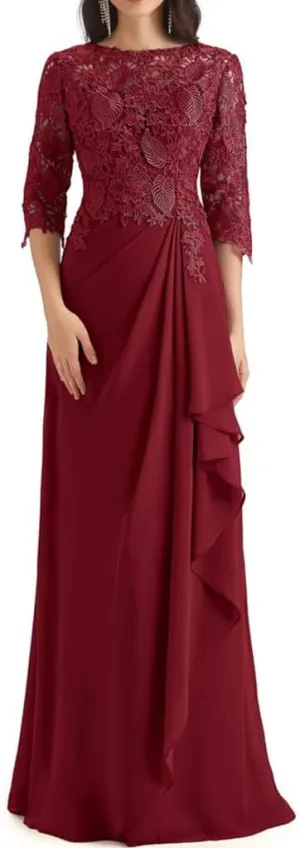 Lace Appliques Mother of The Bride Dresses for Wedding Ruffles Long Chiffon Formal Evening Gowns with Sleeves
