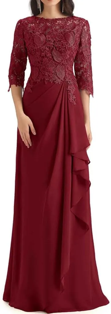 Lace Appliques Mother of The Bride Dresses for Wedding Ruffles Long Chiffon Formal Evening Gowns with Sleeves