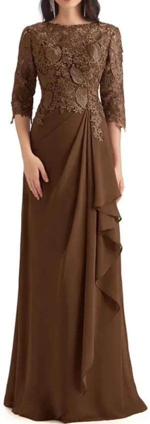 Lace Appliques Mother of The Bride Dresses for Wedding Ruffles Long Chiffon Formal Evening Gowns with Sleeves