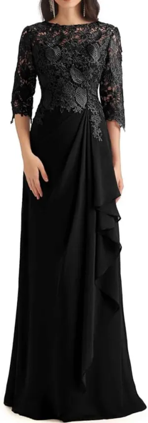 Lace Appliques Mother of The Bride Dresses for Wedding Ruffles Long Chiffon Formal Evening Gowns with Sleeves