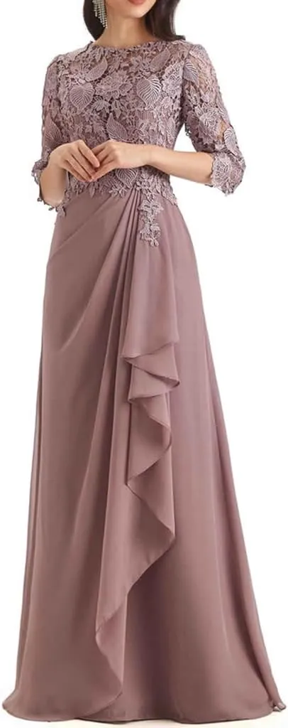 Lace Appliques Mother of The Bride Dresses for Wedding Ruffles Long Chiffon Formal Evening Gowns with Sleeves