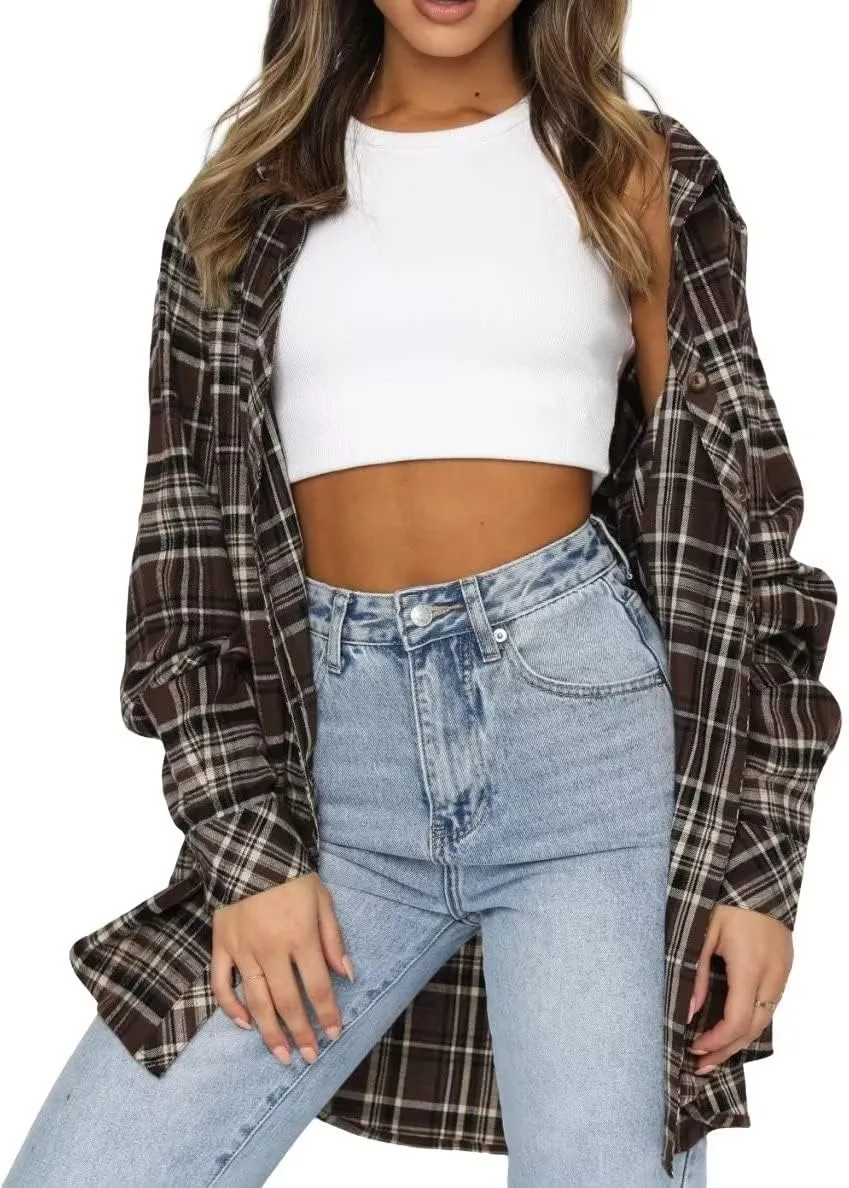 Lacozy Womens Buffalo Plaid Flannel Shirt Long Sleeve Collar Button Down Blouses Tops