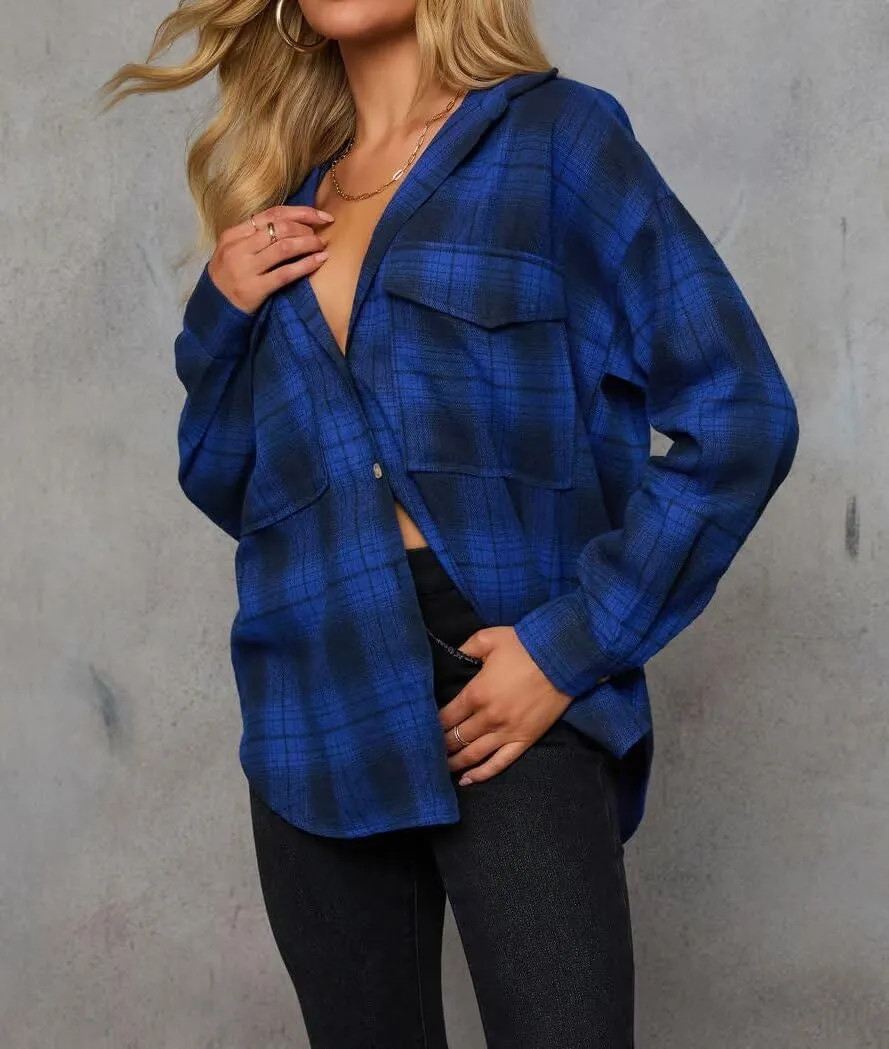 Lacozy Womens Buffalo Plaid Flannel Shirt Long Sleeve Collar Button Down Blouses Tops