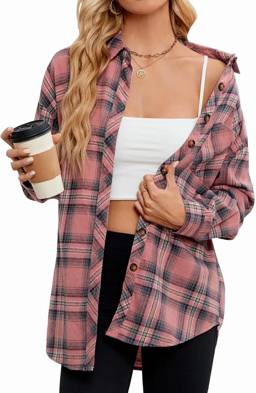 Lacozy Womens Buffalo Plaid Flannel Shirt Long Sleeve Collar Button Down Blouses Tops