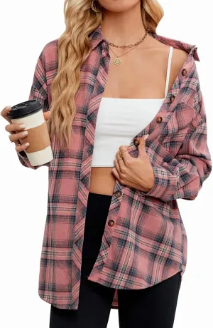 Lacozy Womens Buffalo Plaid Flannel Shirt Long Sleeve Collar Button Down Blouses Tops