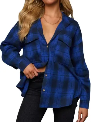 Lacozy Womens Buffalo Plaid Flannel Shirt Long Sleeve Collar Button Down Blouses Tops