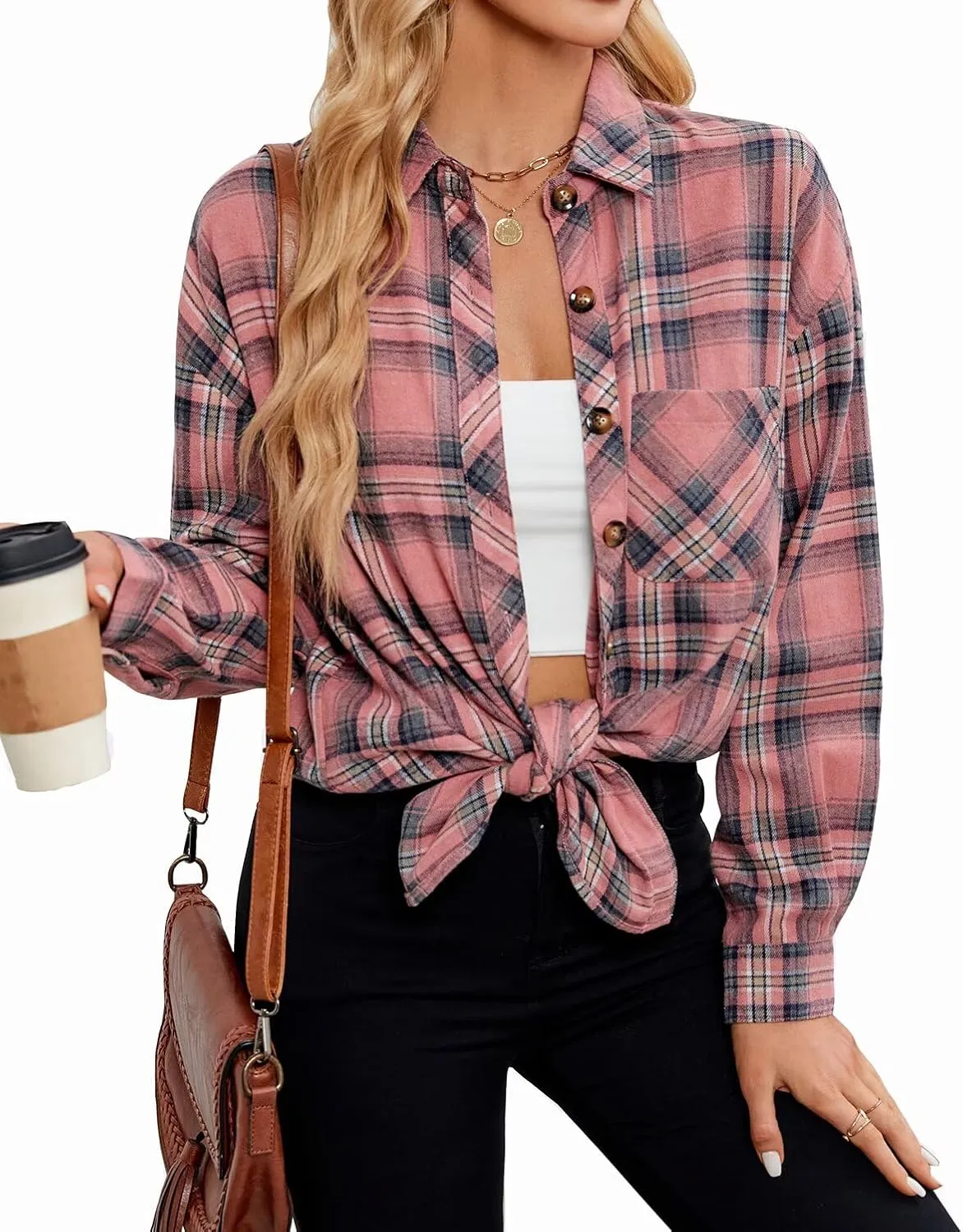 Lacozy Womens Buffalo Plaid Flannel Shirt Long Sleeve Collar Button Down Blouses Tops