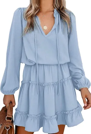 LaSuiveur Women's Lantern Casual Fall Dresses V Neck Tie Neck Long Sleeve High Waist Dot Ruffle Tiered Flowy Swing Mini Dress