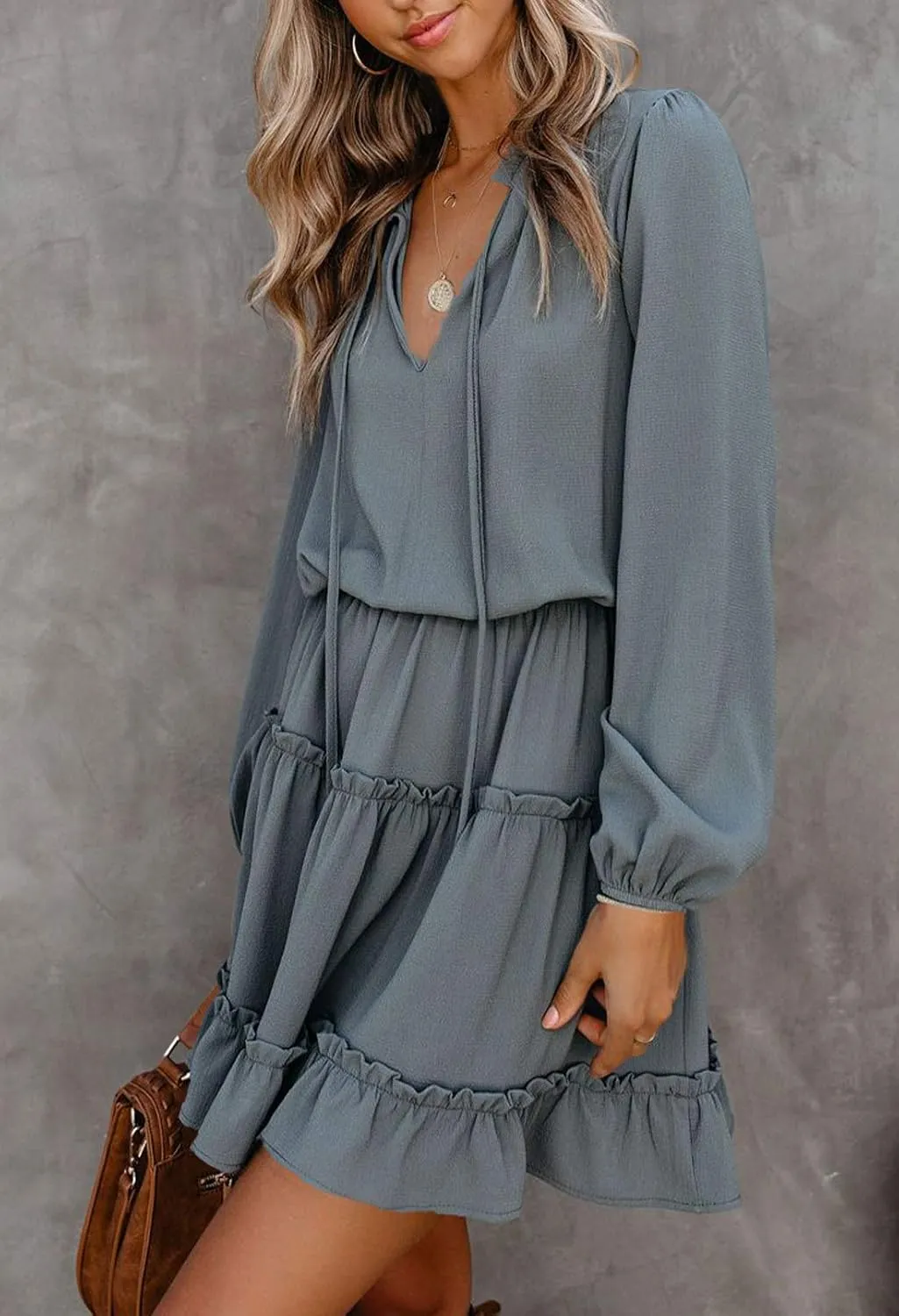 LaSuiveur Women's Lantern Casual Fall Dresses V Neck Tie Neck Long Sleeve High Waist Dot Ruffle Tiered Flowy Swing Mini Dress