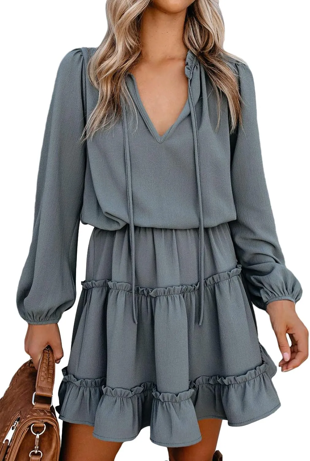 LaSuiveur Women's Lantern Casual Fall Dresses V Neck Tie Neck Long Sleeve High Waist Dot Ruffle Tiered Flowy Swing Mini Dress