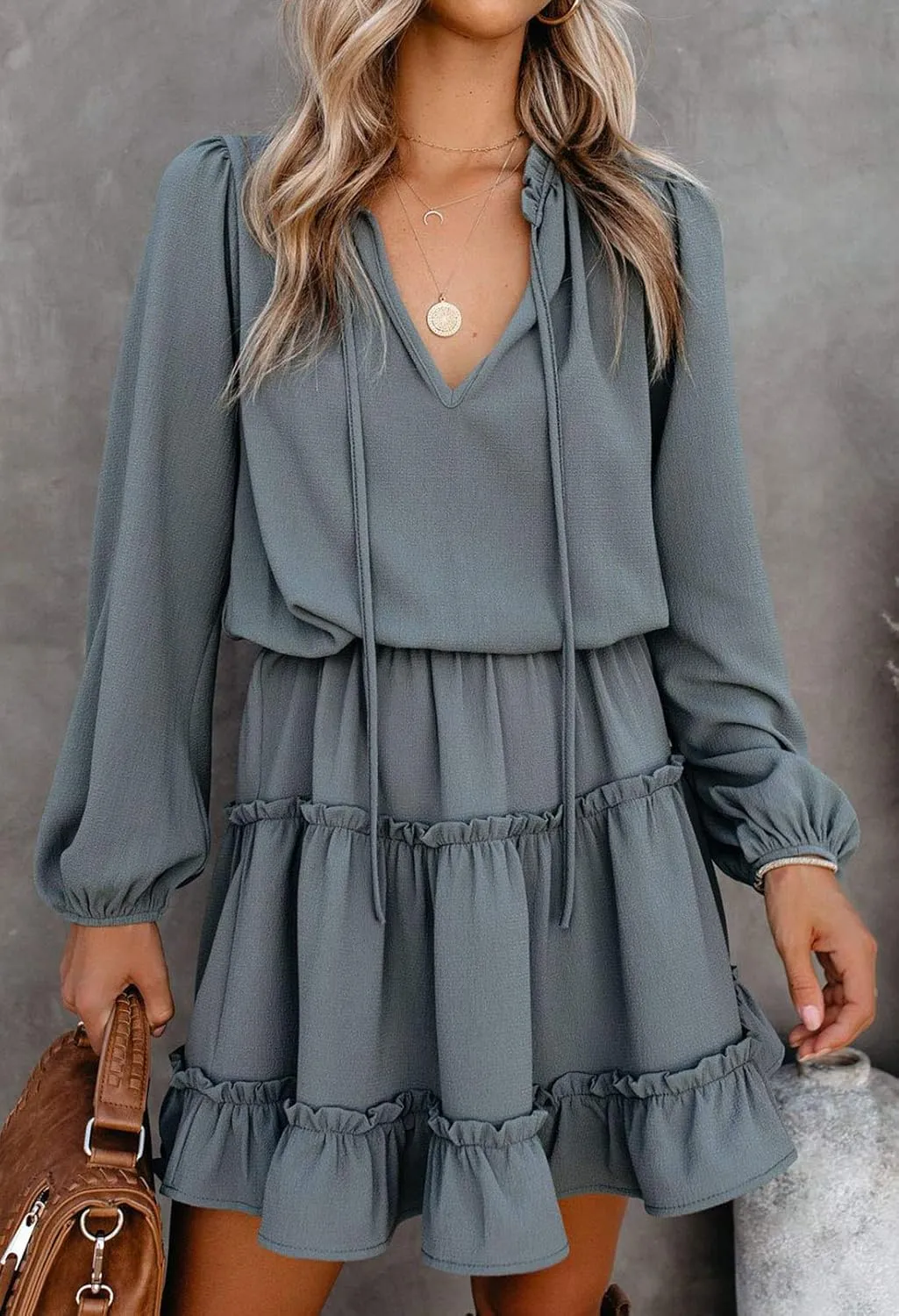LaSuiveur Women's Lantern Casual Fall Dresses V Neck Tie Neck Long Sleeve High Waist Dot Ruffle Tiered Flowy Swing Mini Dress