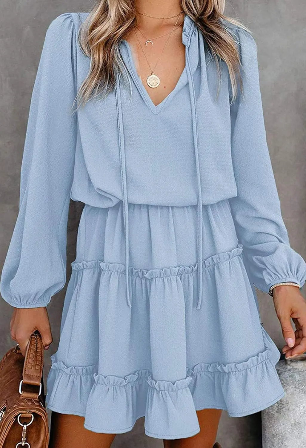 LaSuiveur Women's Lantern Casual Fall Dresses V Neck Tie Neck Long Sleeve High Waist Dot Ruffle Tiered Flowy Swing Mini Dress