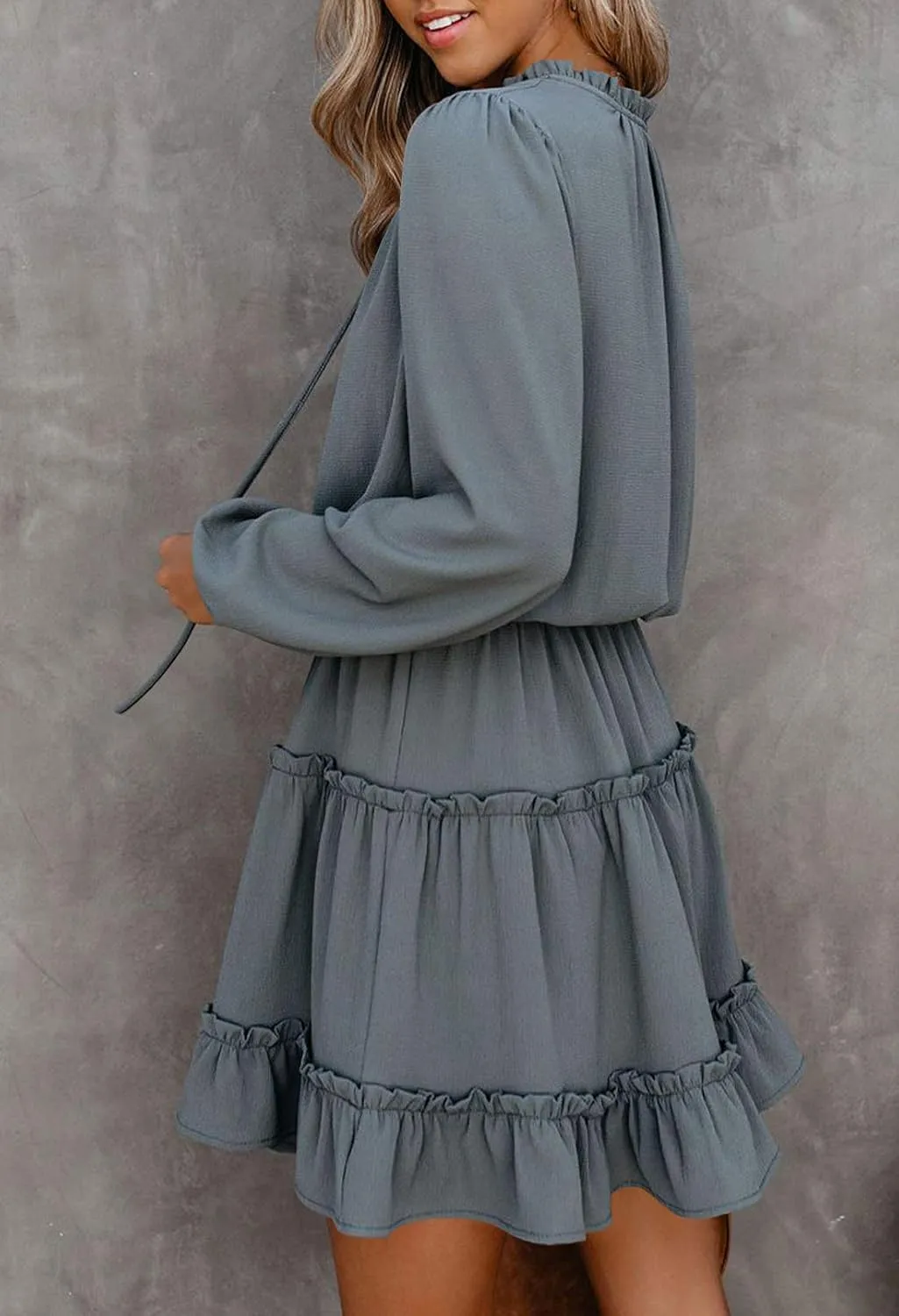 LaSuiveur Women's Lantern Casual Fall Dresses V Neck Tie Neck Long Sleeve High Waist Dot Ruffle Tiered Flowy Swing Mini Dress