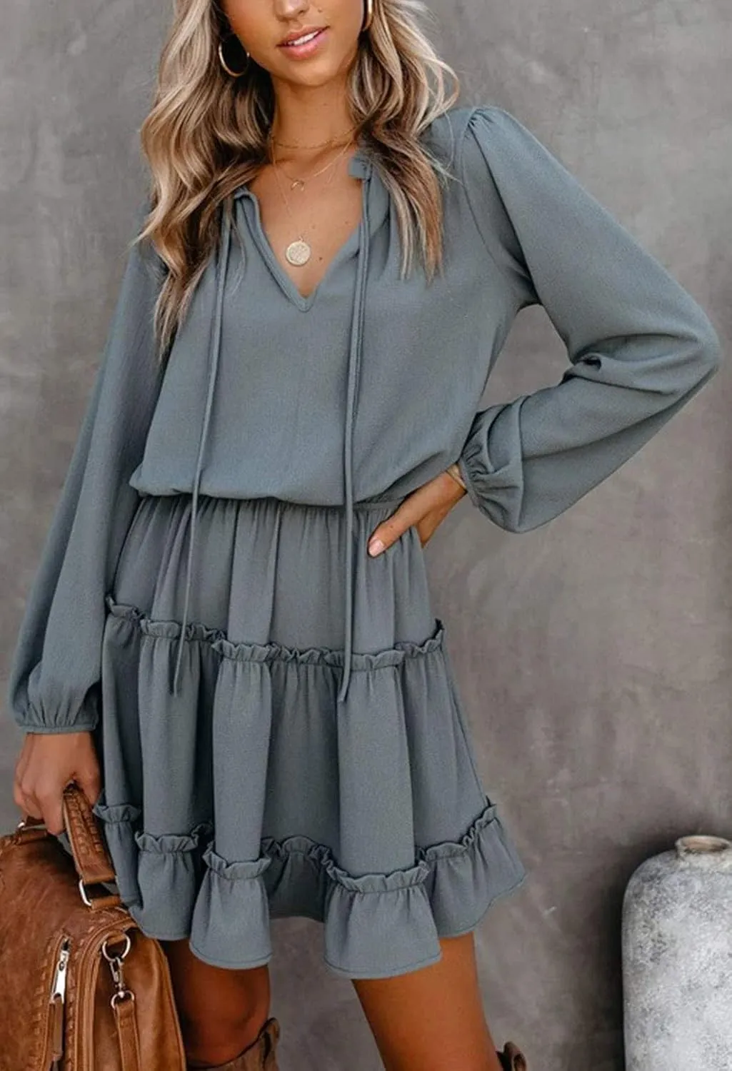 LaSuiveur Women's Lantern Casual Fall Dresses V Neck Tie Neck Long Sleeve High Waist Dot Ruffle Tiered Flowy Swing Mini Dress