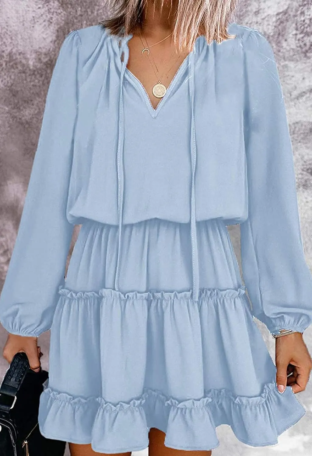 LaSuiveur Women's Lantern Casual Fall Dresses V Neck Tie Neck Long Sleeve High Waist Dot Ruffle Tiered Flowy Swing Mini Dress