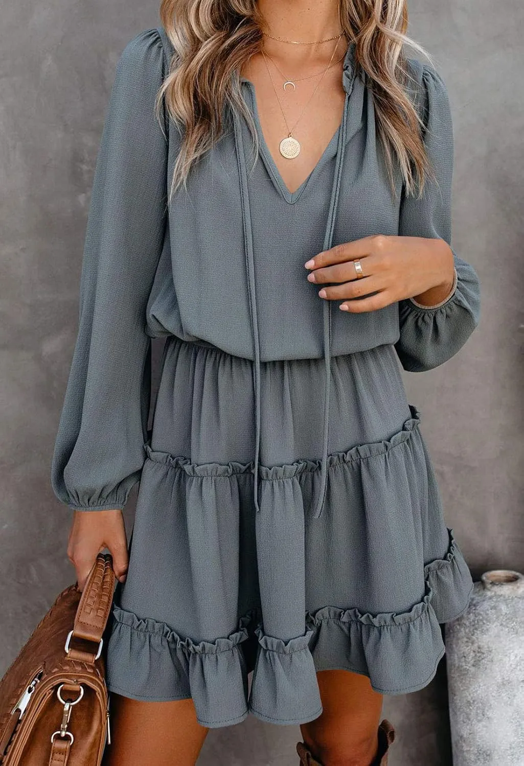 LaSuiveur Women's Lantern Casual Fall Dresses V Neck Tie Neck Long Sleeve High Waist Dot Ruffle Tiered Flowy Swing Mini Dress