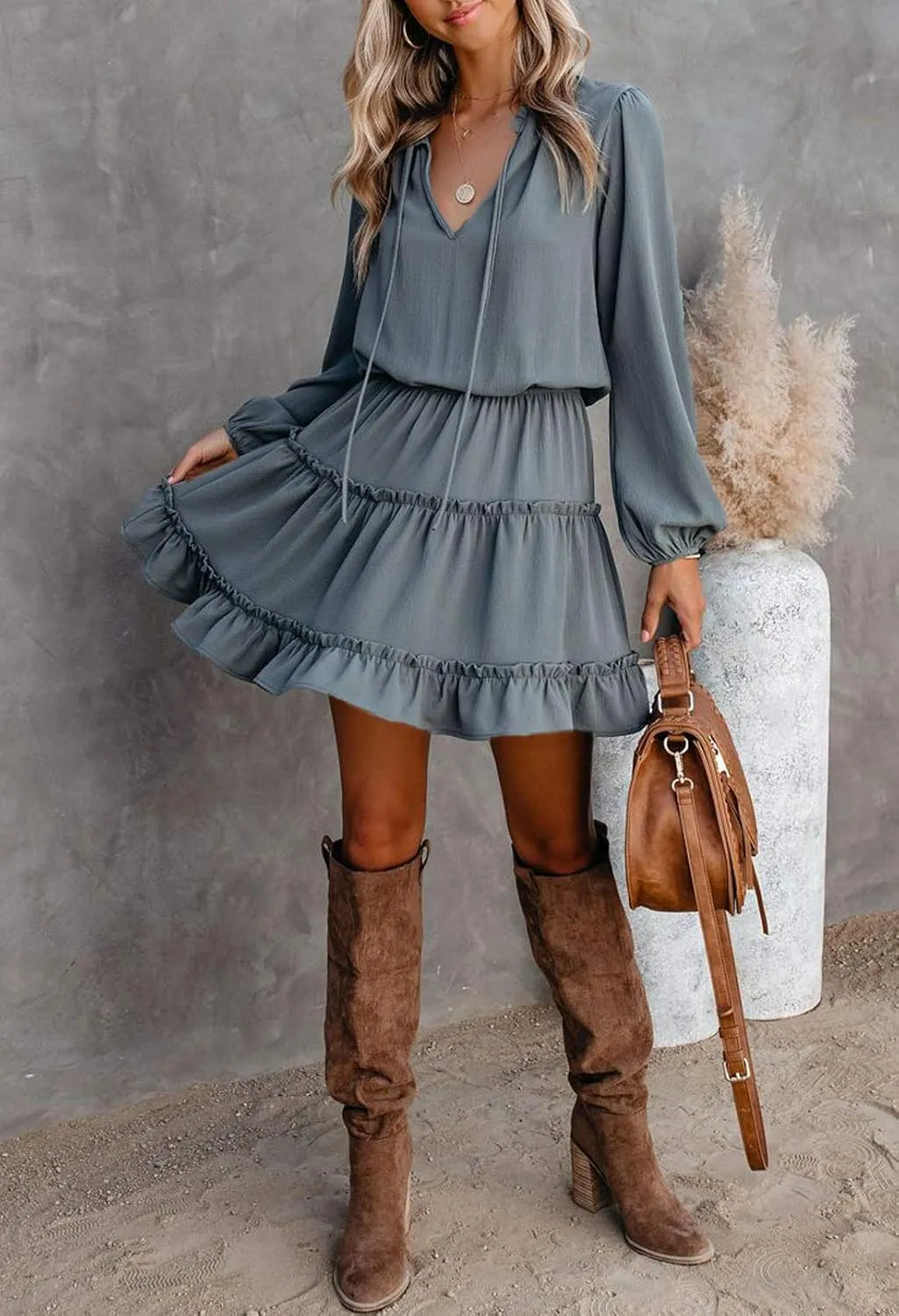 LaSuiveur Women's Lantern Casual Fall Dresses V Neck Tie Neck Long Sleeve High Waist Dot Ruffle Tiered Flowy Swing Mini Dress