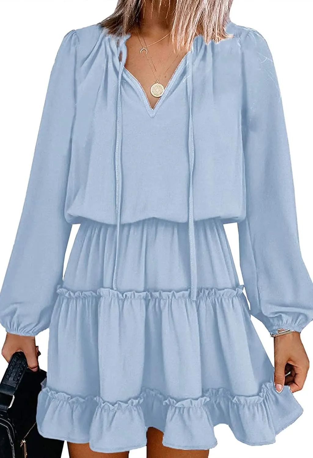 LaSuiveur Women's Lantern Casual Fall Dresses V Neck Tie Neck Long Sleeve High Waist Dot Ruffle Tiered Flowy Swing Mini Dress