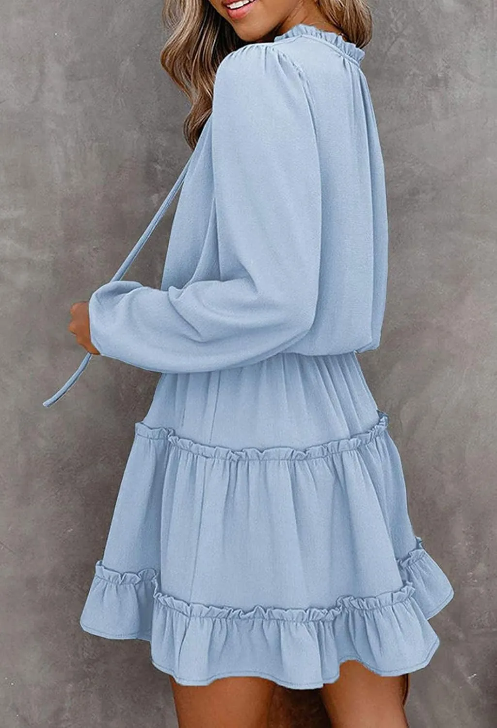 LaSuiveur Women's Lantern Casual Fall Dresses V Neck Tie Neck Long Sleeve High Waist Dot Ruffle Tiered Flowy Swing Mini Dress