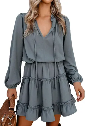 LaSuiveur Women's Lantern Casual Fall Dresses V Neck Tie Neck Long Sleeve High Waist Dot Ruffle Tiered Flowy Swing Mini Dress