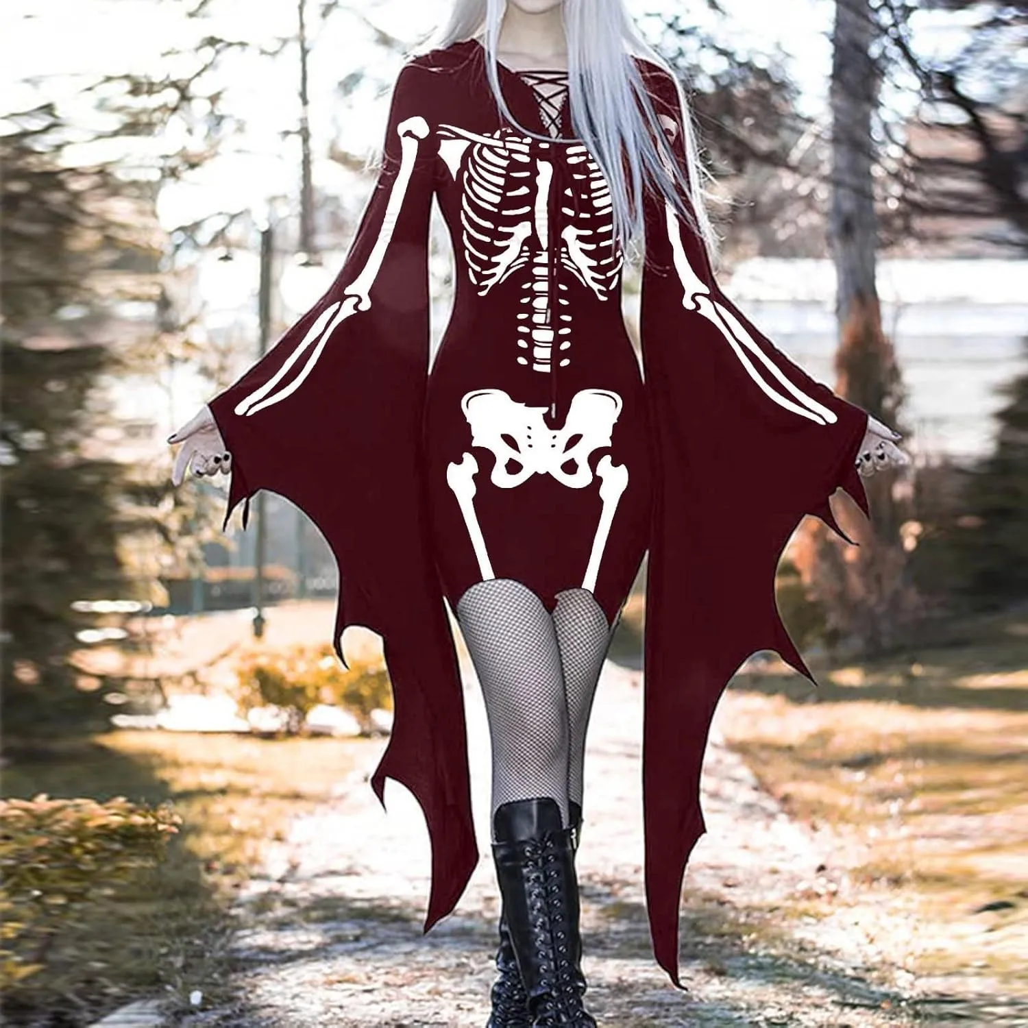 LCMTWX Halloween Costumes for Women Cold Shoulder Butterfly Sleeve Costumes Mesh Lace Light Long Sleeve Dresses for