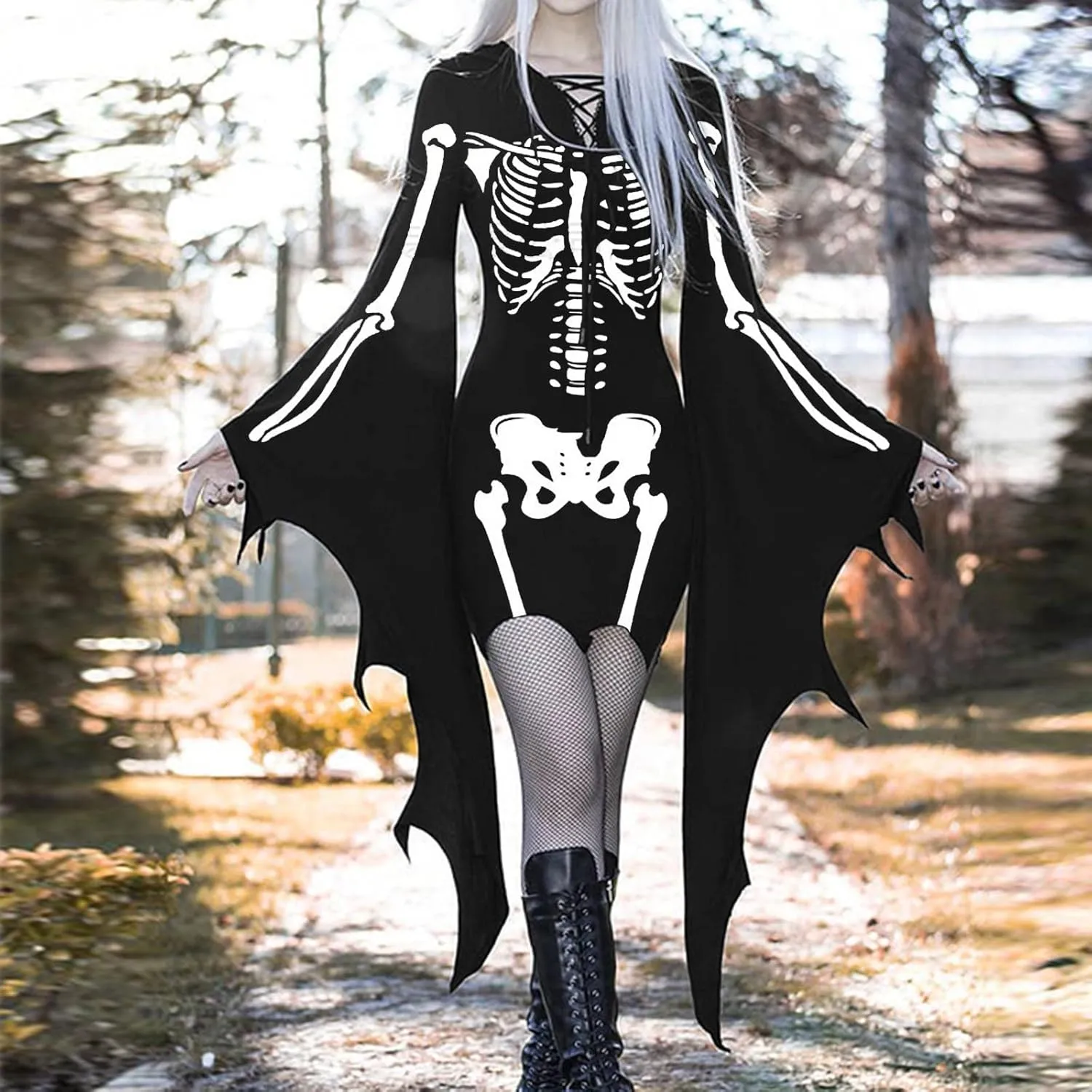 LCMTWX Halloween Costumes for Women Cold Shoulder Butterfly Sleeve Costumes Mesh Lace Light Long Sleeve Dresses for