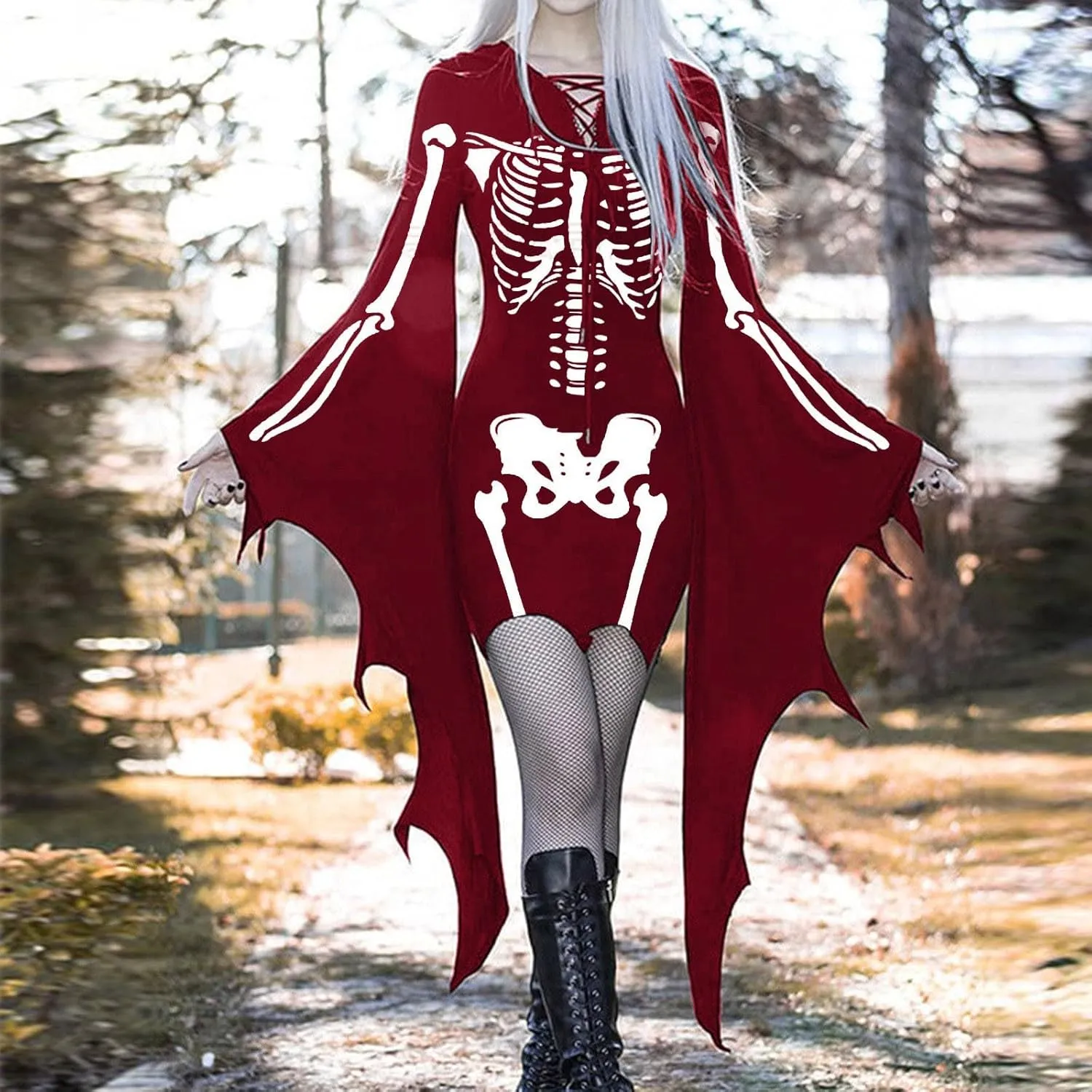 LCMTWX Halloween Costumes for Women Cold Shoulder Butterfly Sleeve Costumes Mesh Lace Light Long Sleeve Dresses for