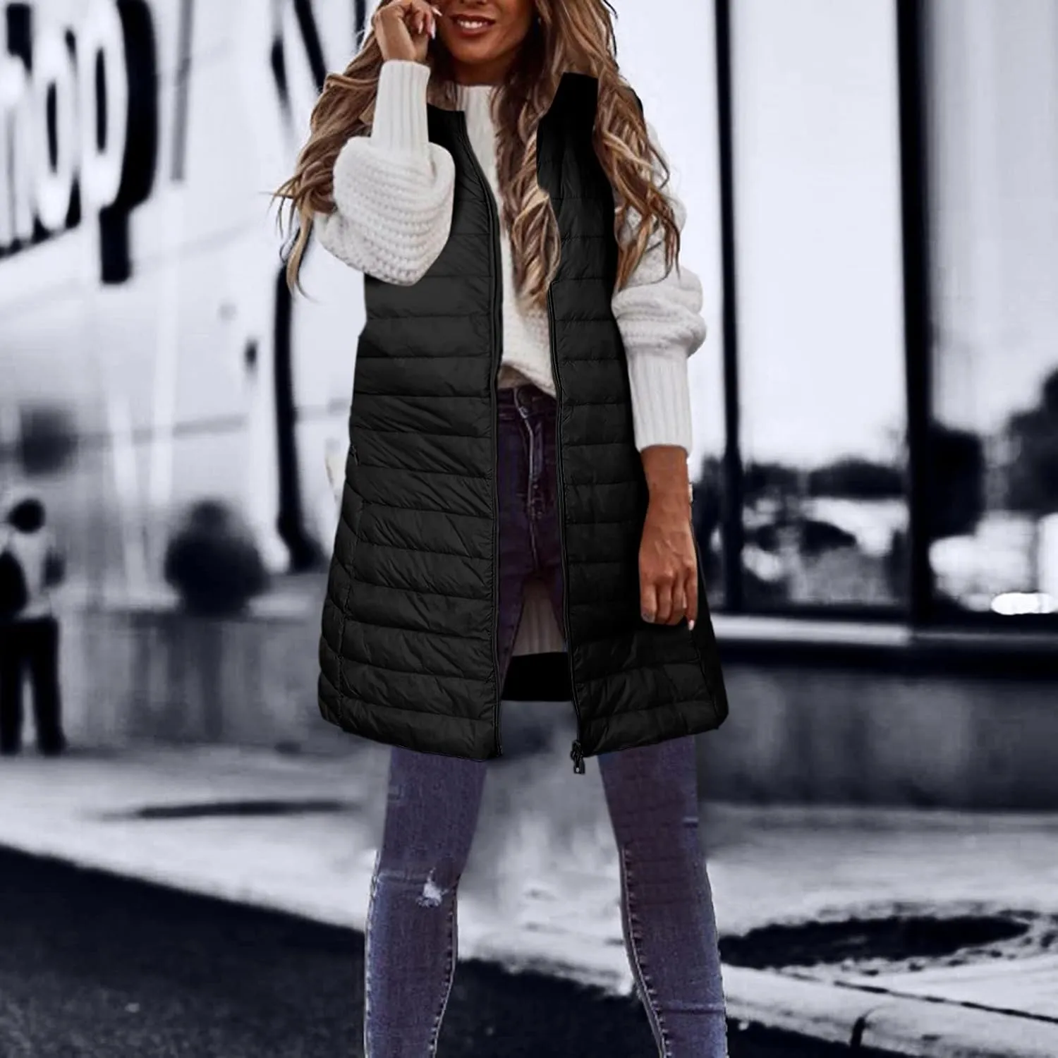 LCMTWX Womens Puffer Vest Long Winter Thin And Light Down Coat Casual Down Coat Slim Cotton Sleeveless Puffy Jacket with