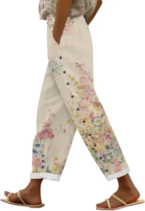 Linen Capris for Women Elastic Waisted Drawstring Capri Pants with Pockets Boho Floral Casual Summer Cropped Pants
