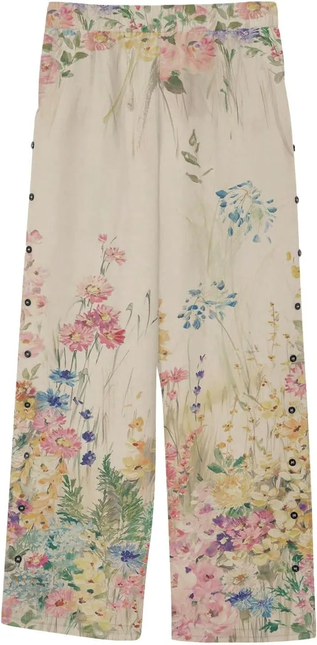 Linen Capris for Women Elastic Waisted Drawstring Capri Pants with Pockets Boho Floral Casual Summer Cropped Pants