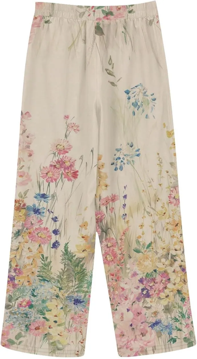 Linen Capris for Women Elastic Waisted Drawstring Capri Pants with Pockets Boho Floral Casual Summer Cropped Pants