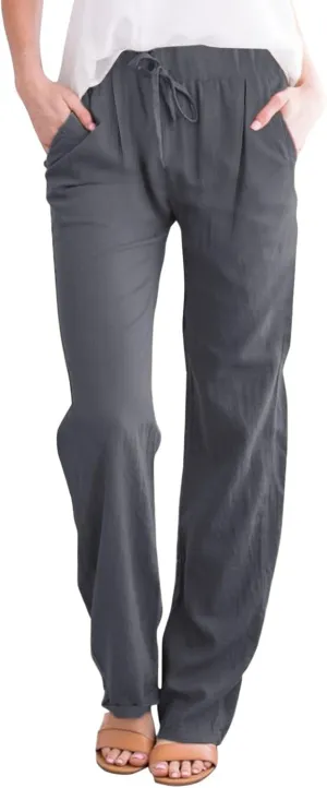 Linen Cotton Pants for Women 2025 High Waist Elastic Straight Leg Lounge Casual Loose Lightweight Beach Trousers