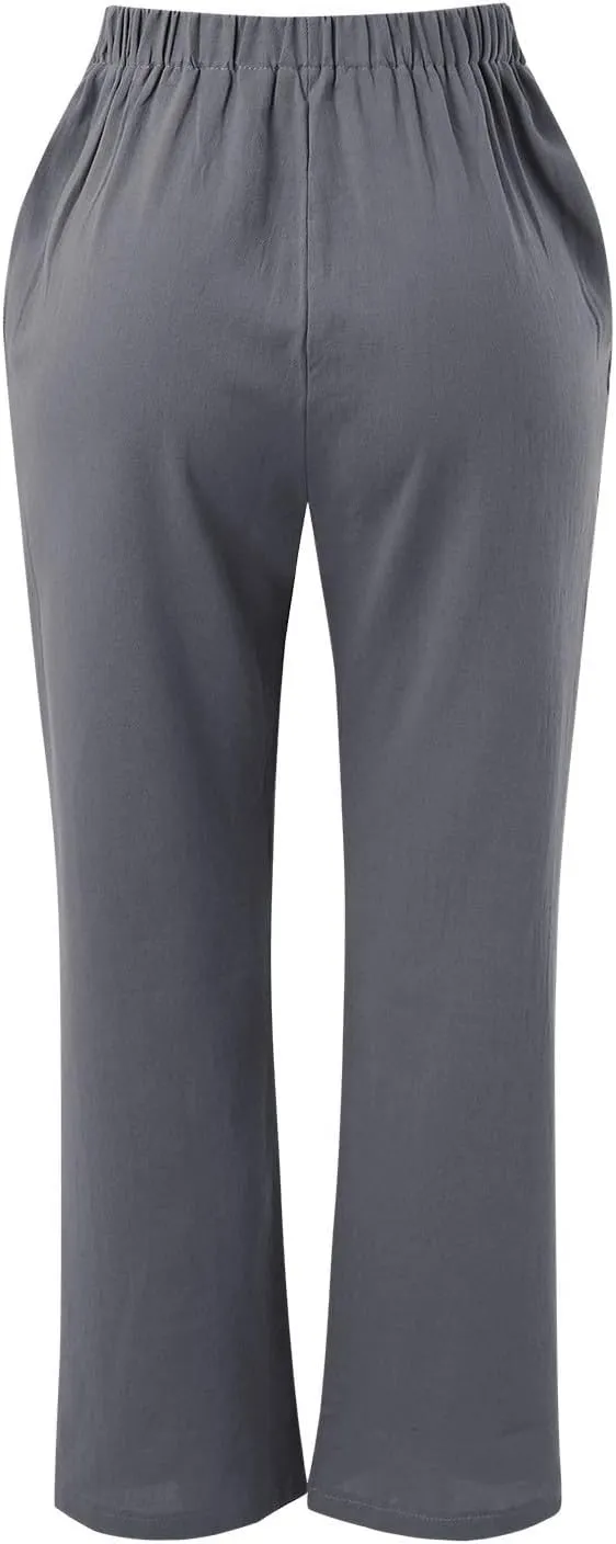 Linen Cotton Pants for Women 2025 High Waist Elastic Straight Leg Lounge Casual Loose Lightweight Beach Trousers